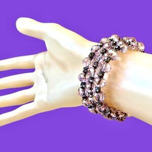 Vintage 1950s Pink Aurora Borealis Crystal Memory Wire Wrap Cuff Bracelet